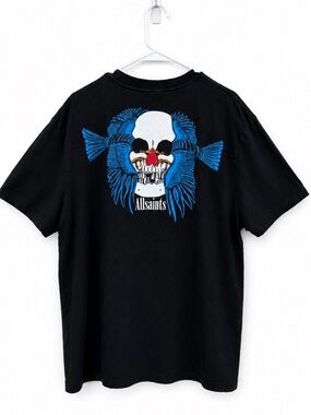 AllSaints Lovebirds SS Skull Birds Graphic Tee Black Relaxed Fit Medium